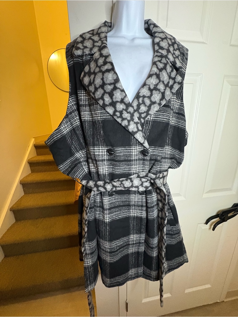 Susan Graver Black & White Plaid Belted Sleep Vest with Animal-Print Collar